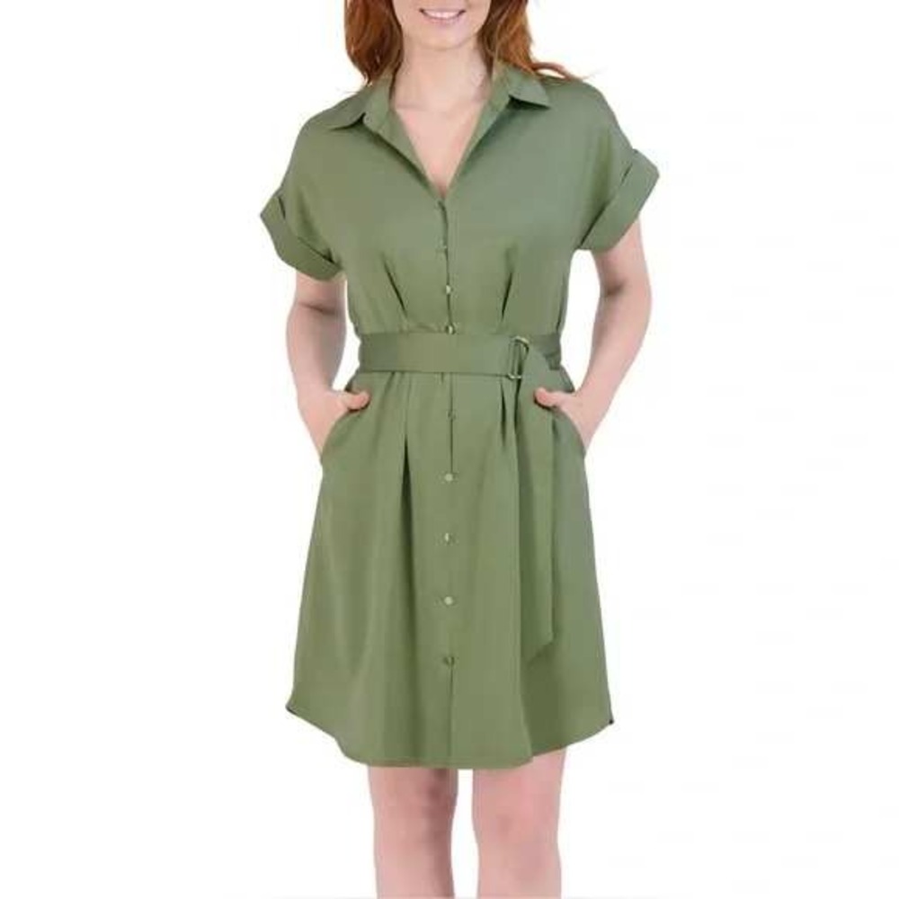 French Connection Olive Green Shirt Dress‎ Belted Pockets Sz L /#5371